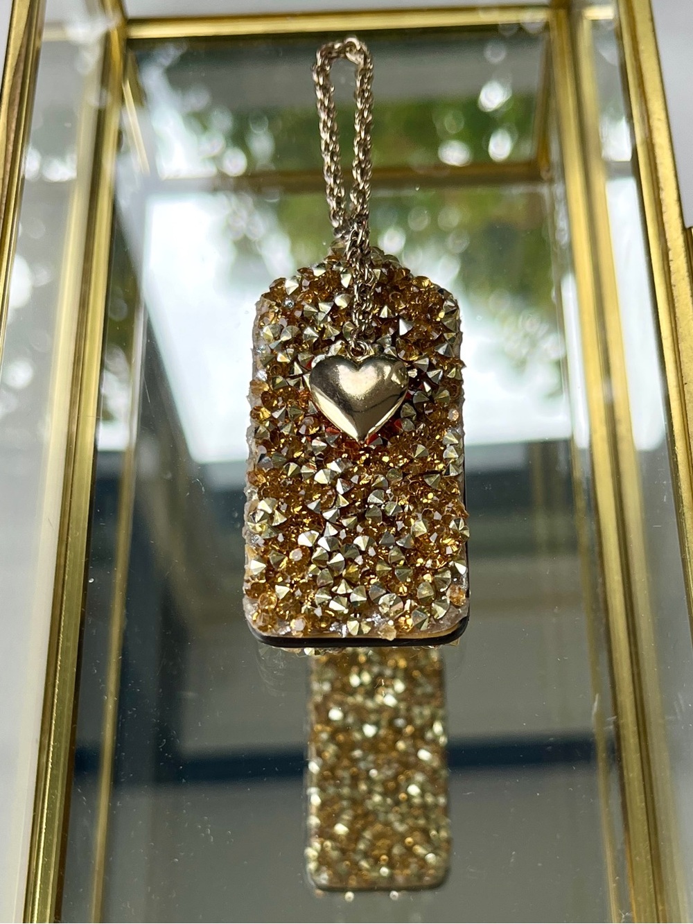 COACH Gold Crystal-Encrusted Leather Bag Tag w/ Gold Heart Charm & Rope Chain
